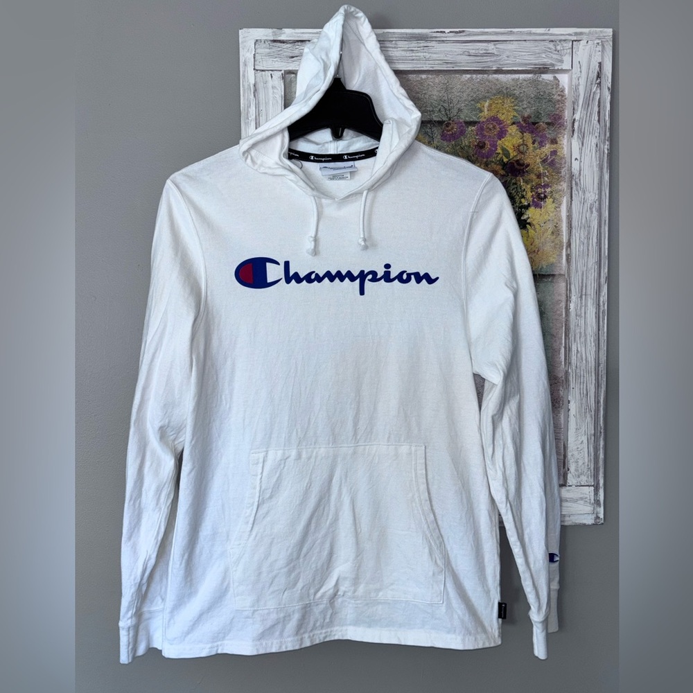 Men's Champion® Midweight Hoodie Full Script Logo White Size Medium